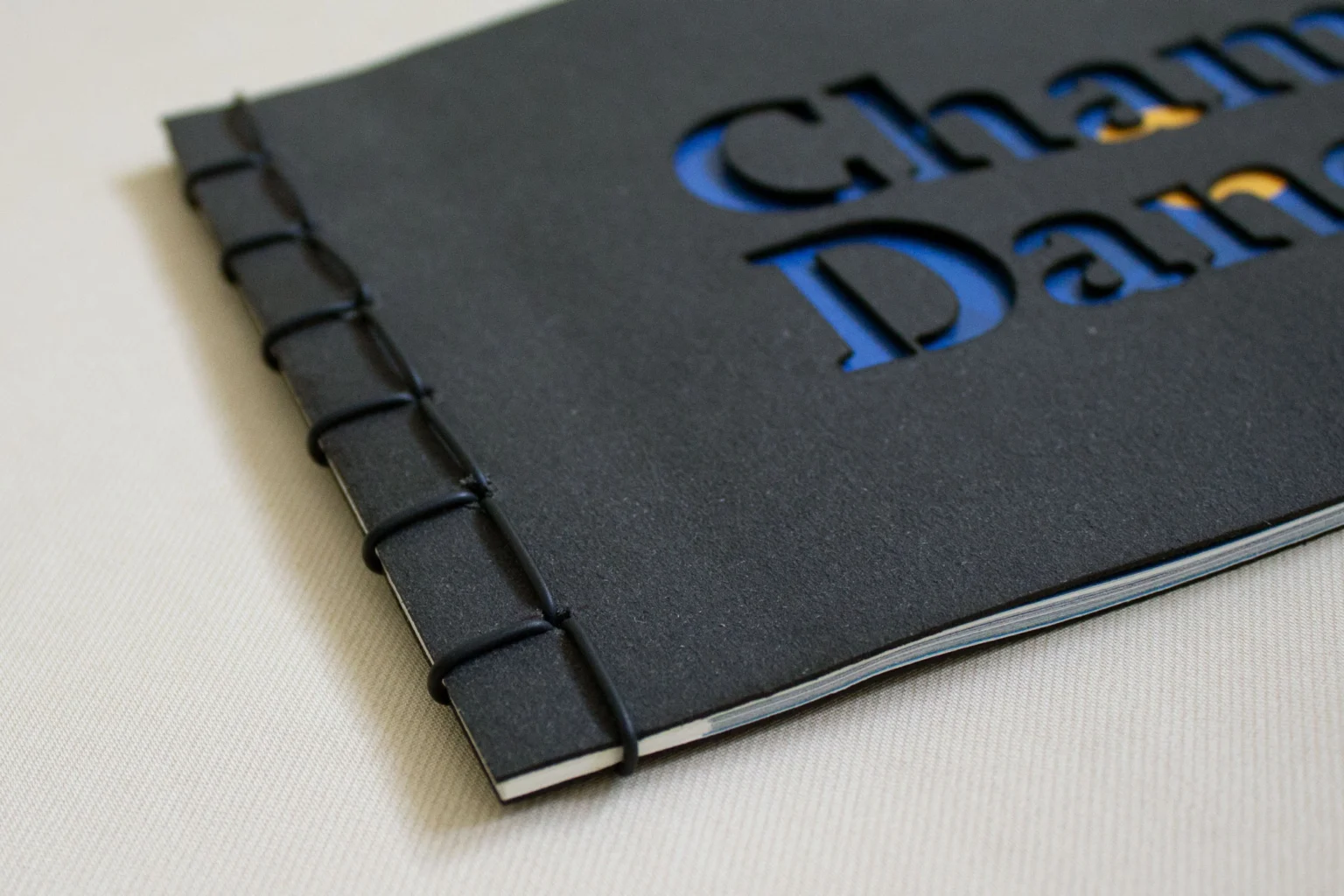 Detail of handmade binding of book on cham masks