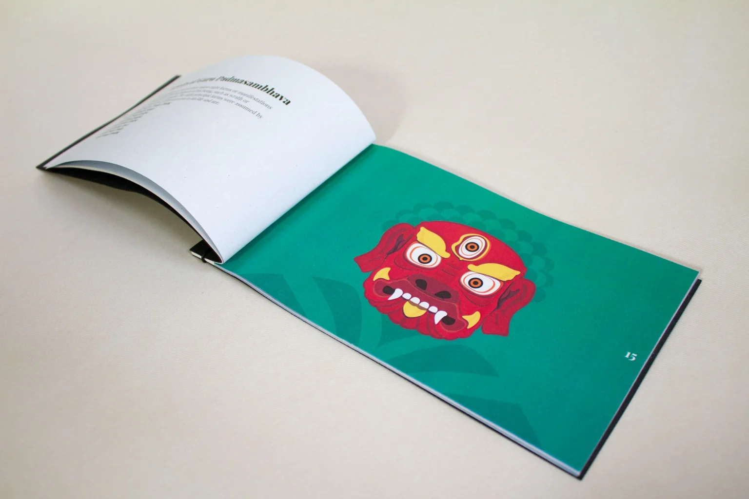 Double-page spread with mask illustration and text