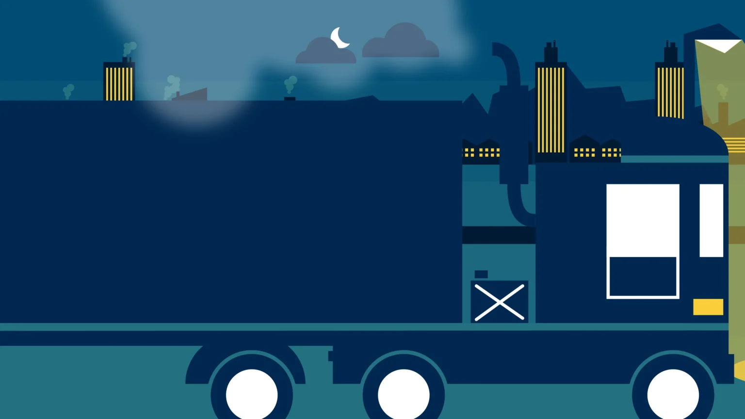 Frame 1: Today's city is polluted and full of cars, lorries and smog.