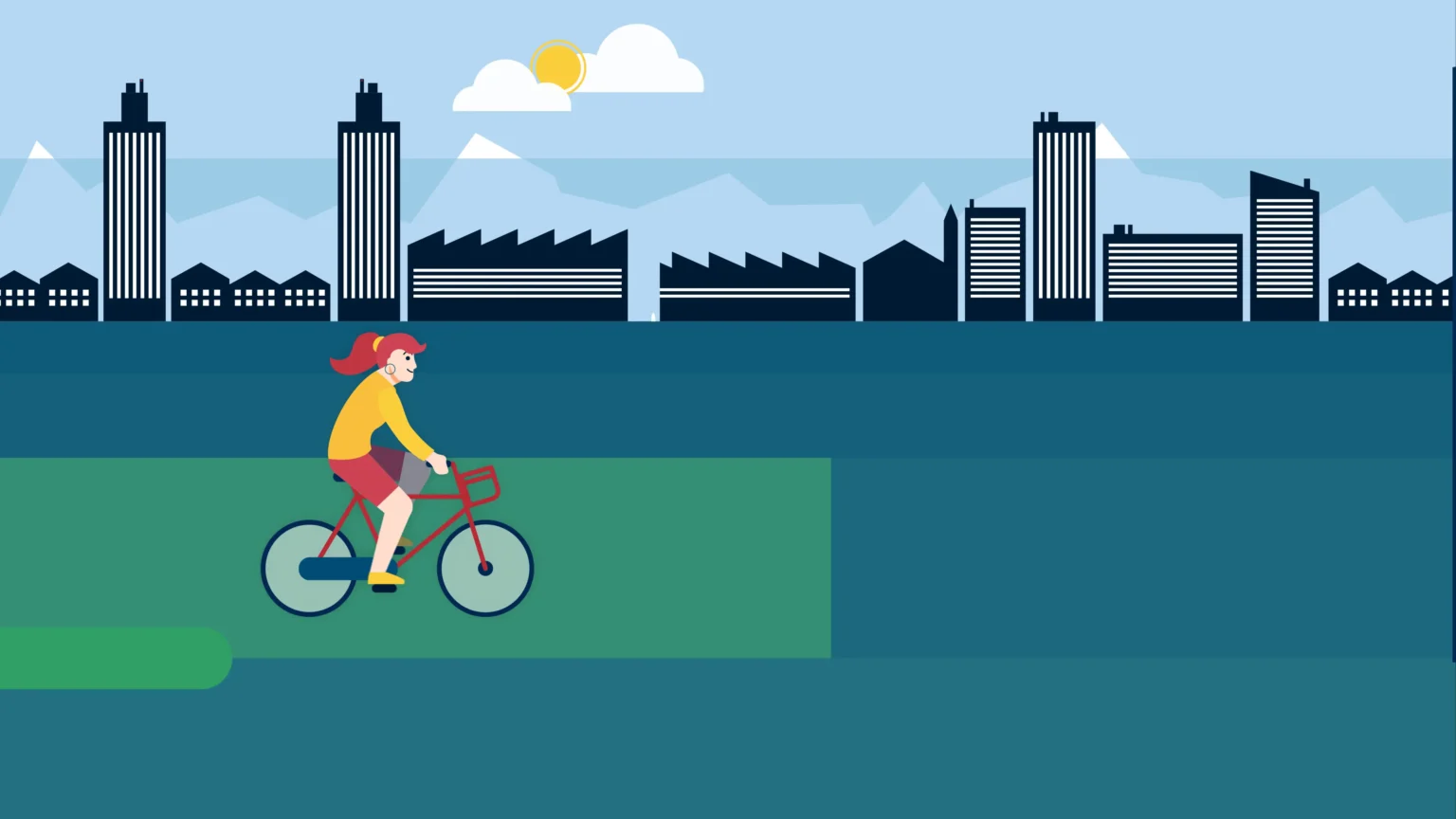 Frame 8: Cut to the city, a girl arrives on a bicycle bringing a new concept of the city. Greenery begins to cover the streets.