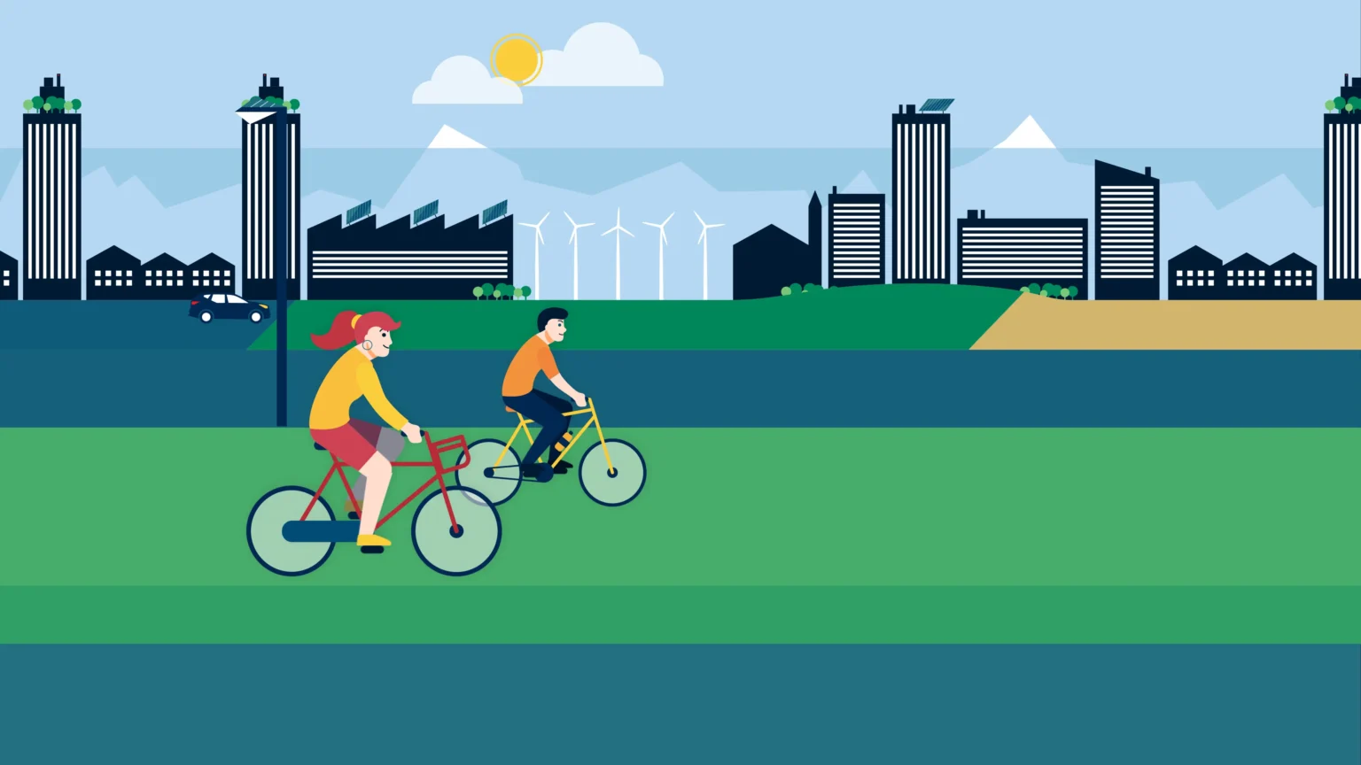 Frame 9: a boy on a bicycle joins the scene, trees and solar panels appear in the increasingly green background.