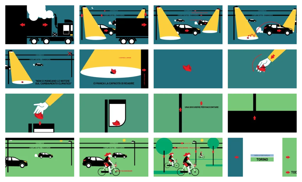 Initial storyboard proposal for Today for Tomorrow title sequence with written notes and arrows indicating movements and direction