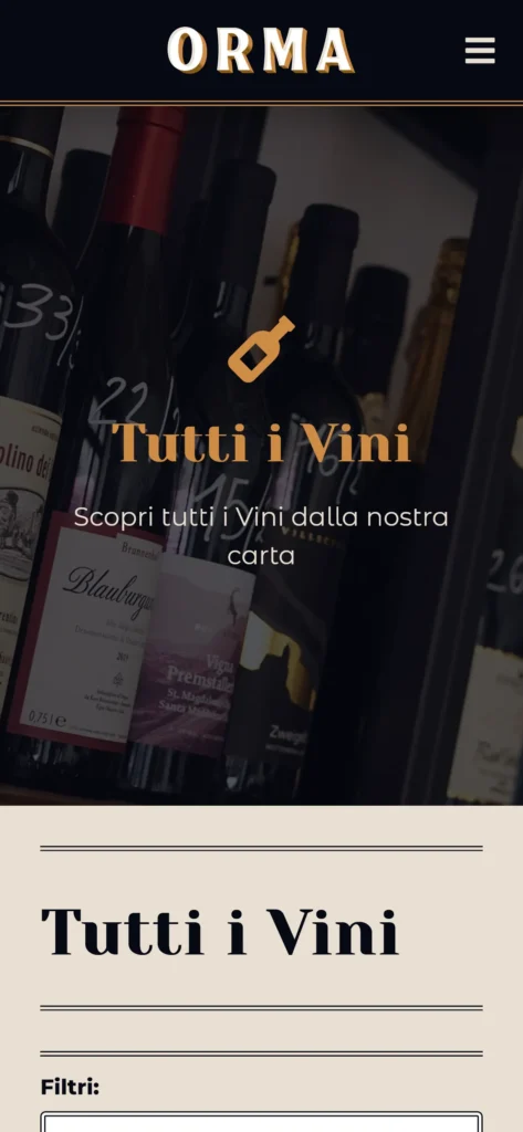Wine list on mobile website