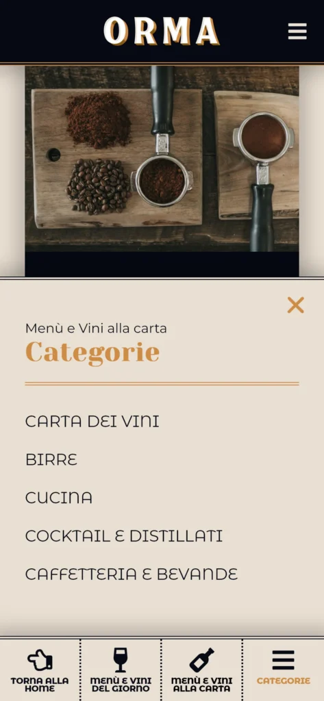 Hidden menu with categories for quick navigation