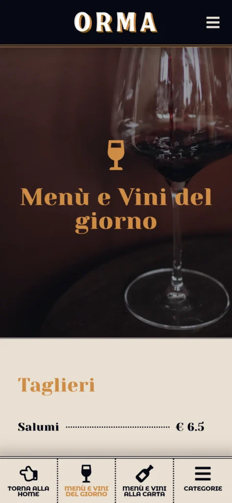 Page with the menu and wines of the day