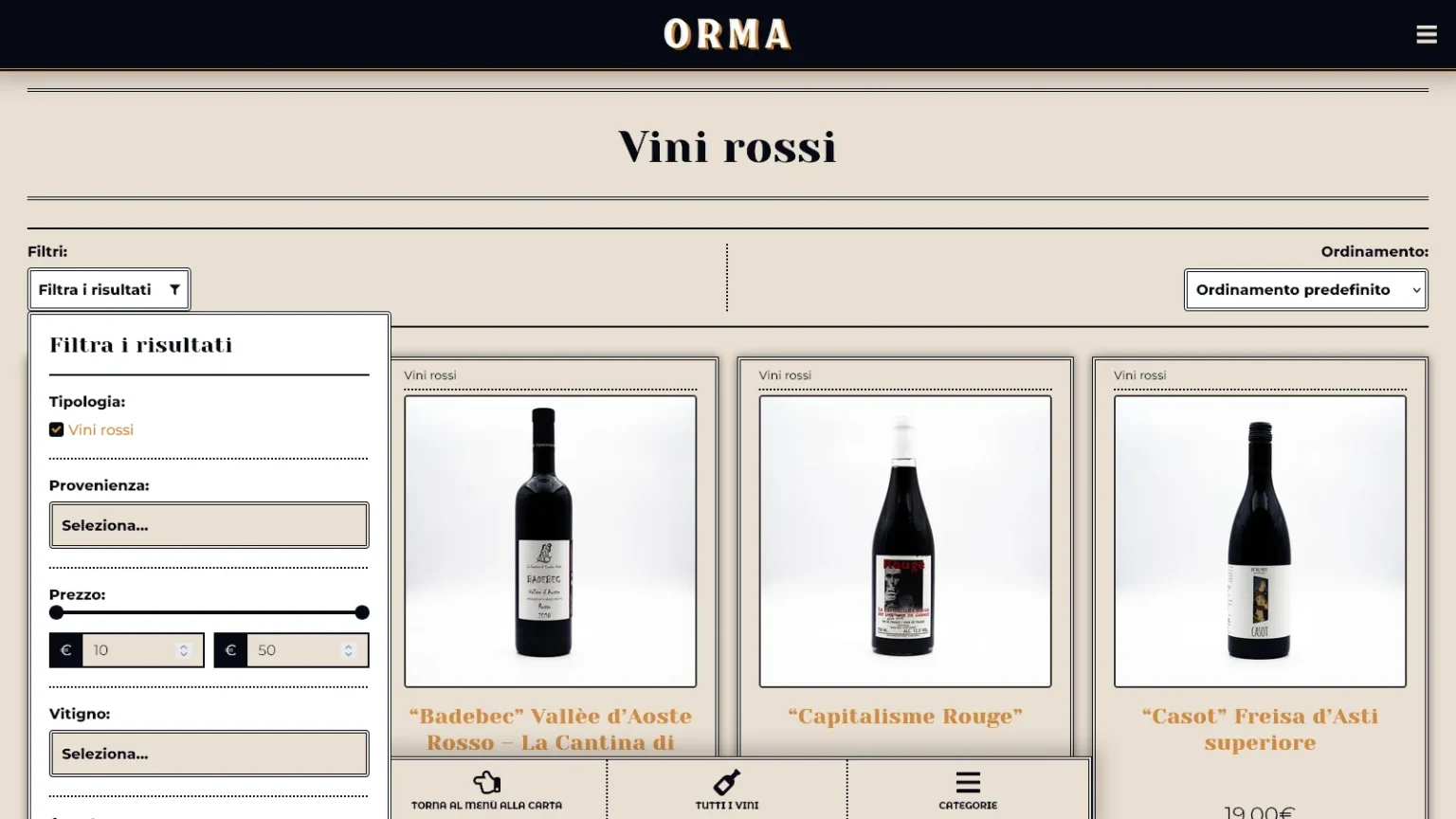 Red wines category page with selection filters